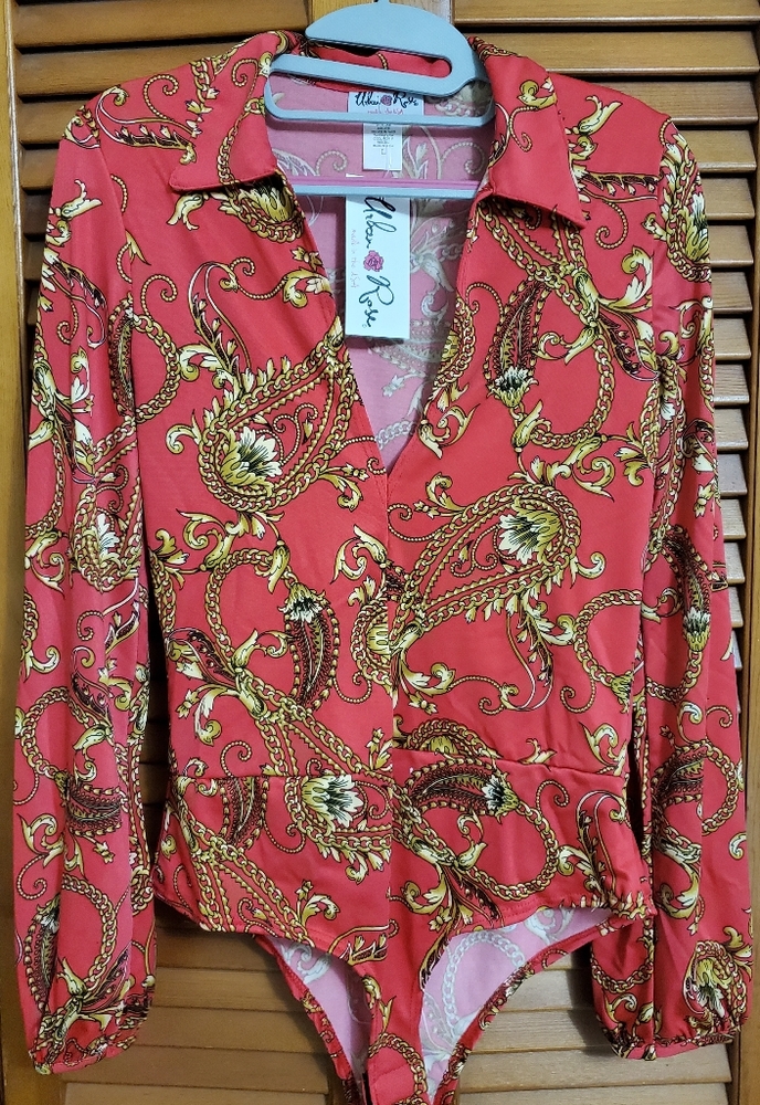 Urban Rose - Red, Status Print Collared Bodysuit Size Large